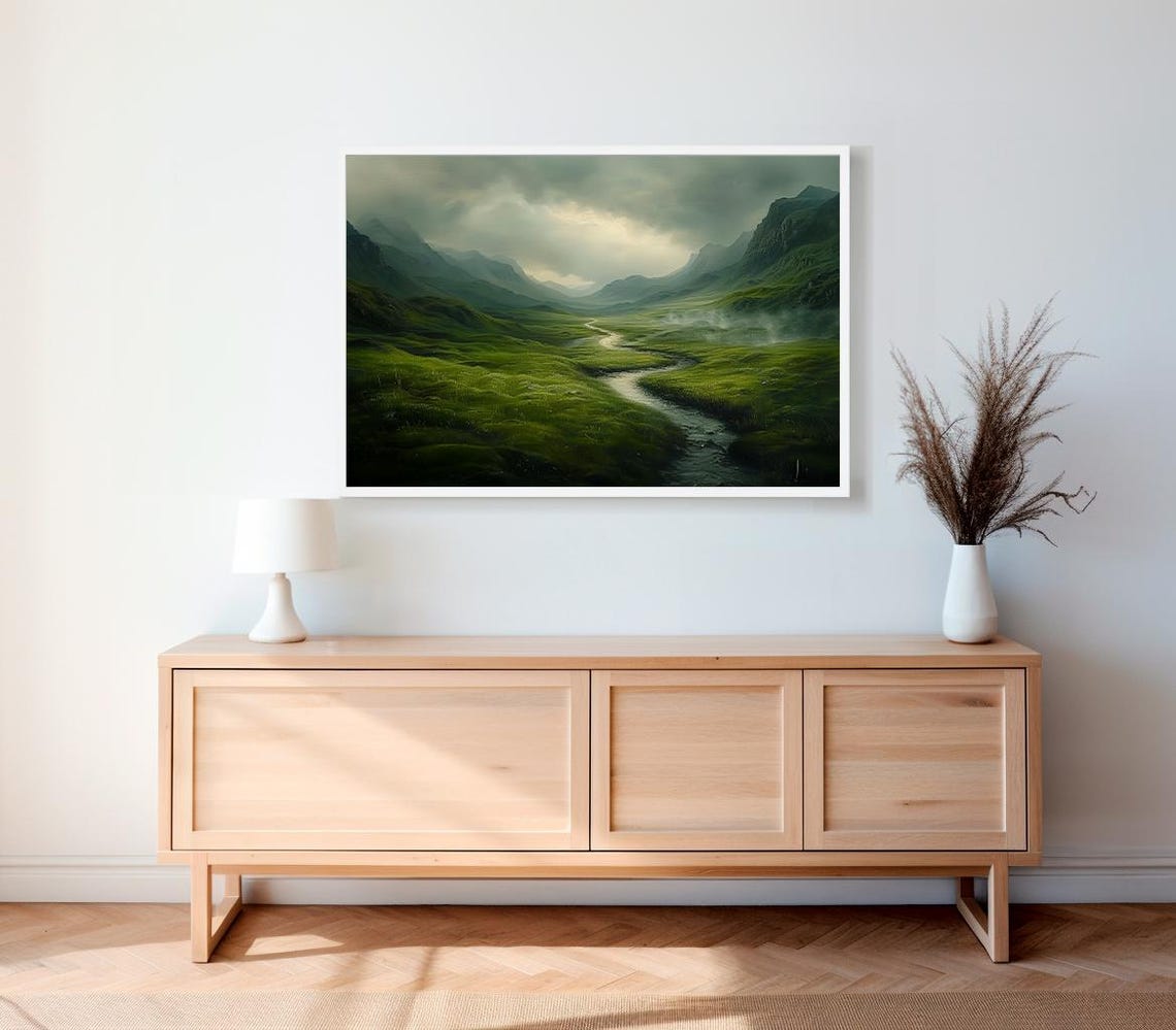 Stormy Green Valley With Winding River Ireland Landscape Art Poster - Image 2