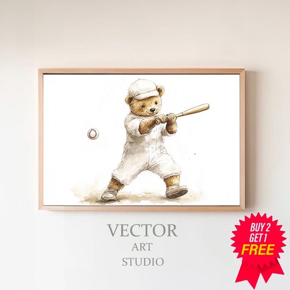 Teddy Bear Baseball Batter Swinging Bat Nursery Sports Poster