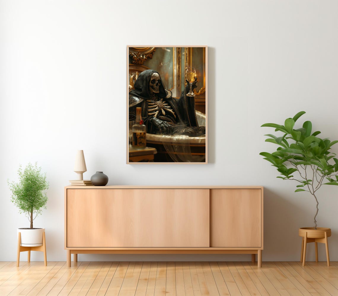 Grim Reaper In Bath Raising Champagne Glass Gothic Humor Poster - Image 2