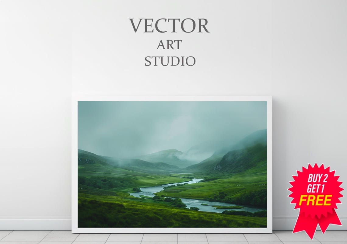 Foggy Emerald Valley With Winding River Ireland Landscape Art Poster - Image 3
