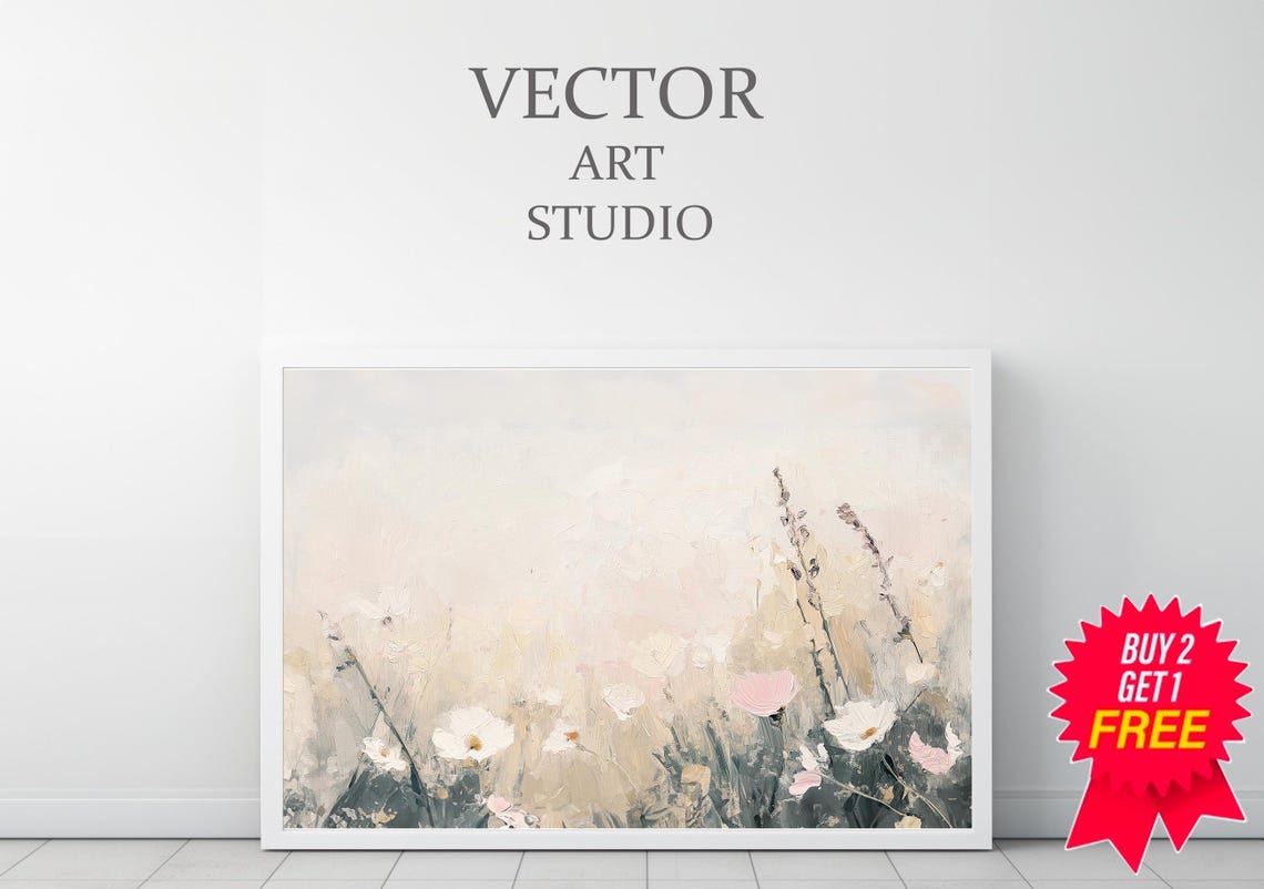 Ethereal Pastel Wildflowers Swaying in a Soft Beige Meadow Poster - Image 3