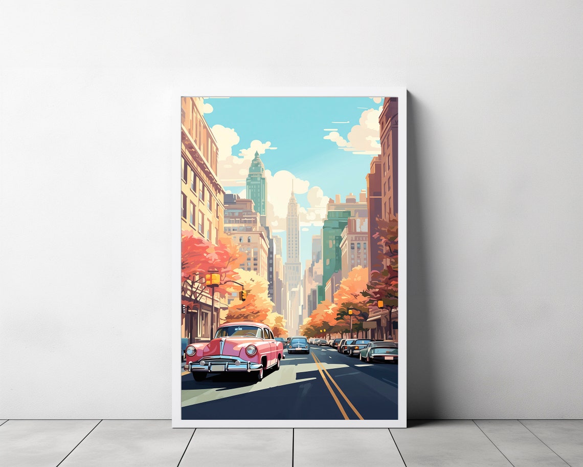 Autumn New York Street Pink Classic Car Retro Vintage City Print - Image 3