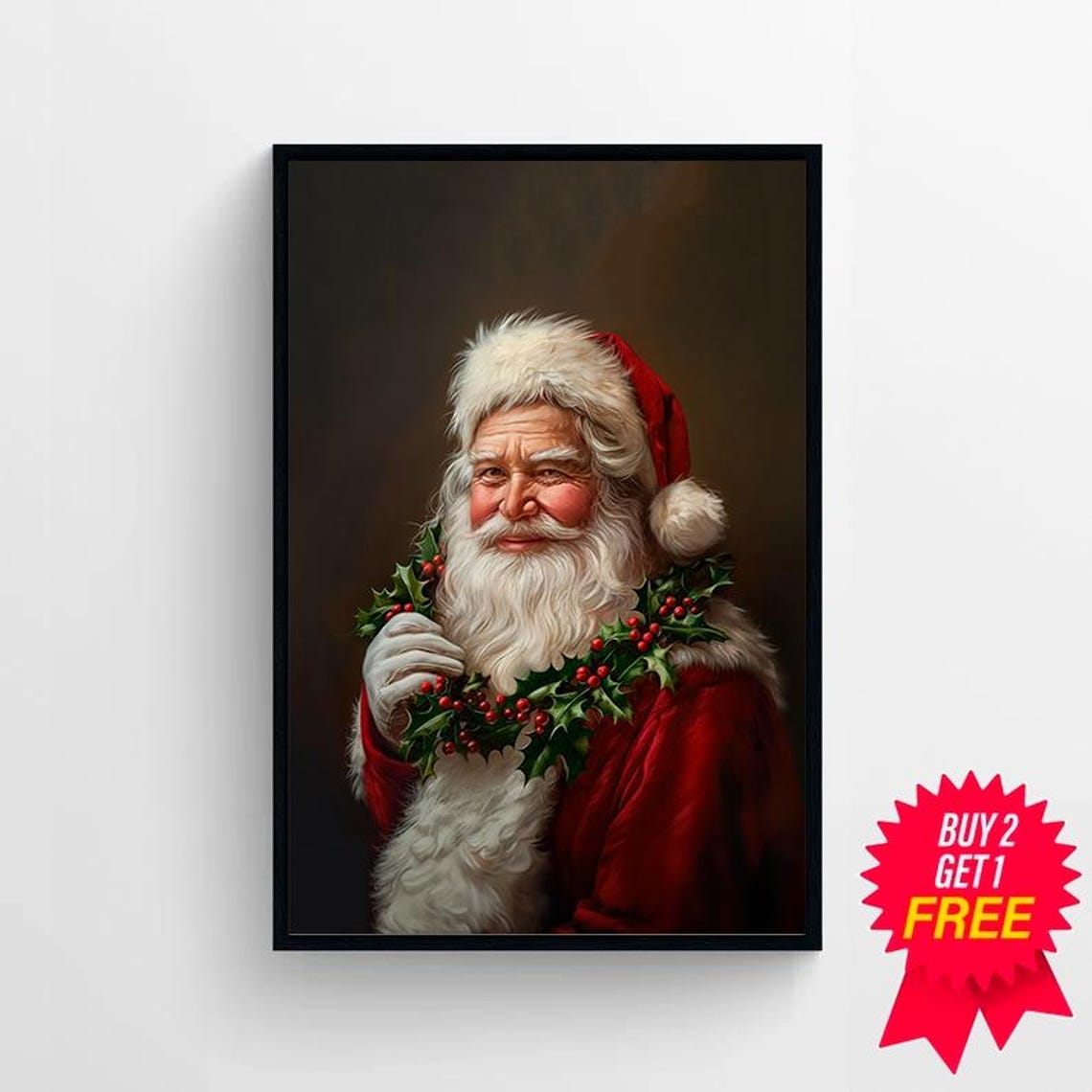 Santa Wearing Holly Garland Vintage Christmas Painting Poster - Image 4