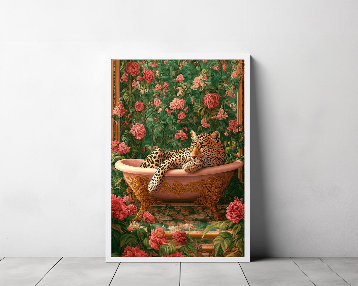 Leopard Lounging in a Pink Bathtub Surrounded by Roses Animal Poster - Image 3
