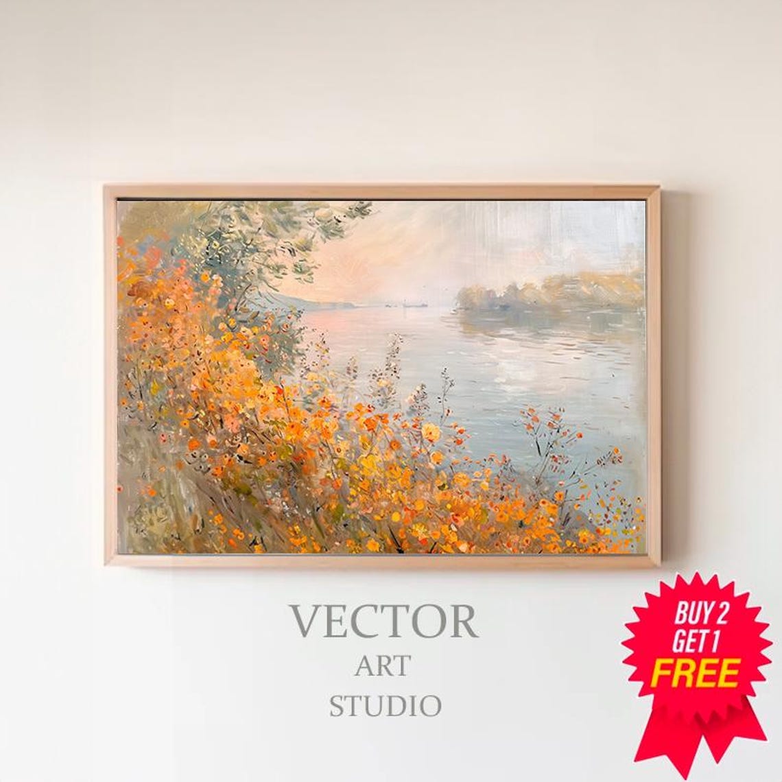 Lakeside Golden Wildflowers at Sunset Impressionist Nature Poster