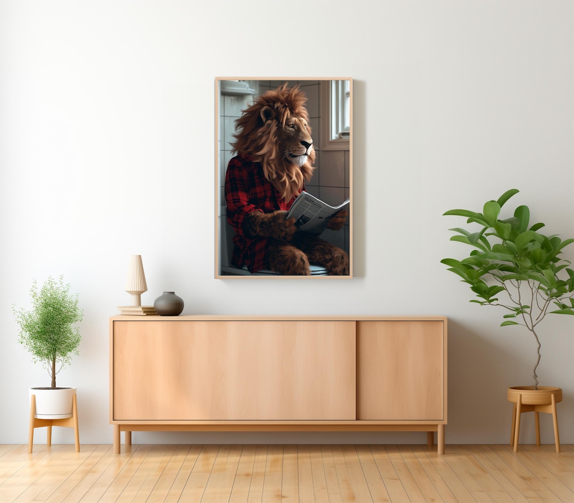 Funny Lion in Plaid Shirt Reading Newspaper on Toilet Bathroom Poster - Image 2