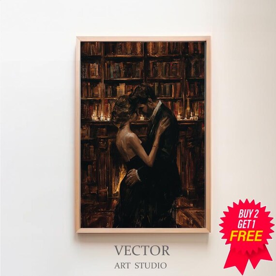 Lovers Embracing Before Dark Bookshelves Glowing with Candlelight Poster