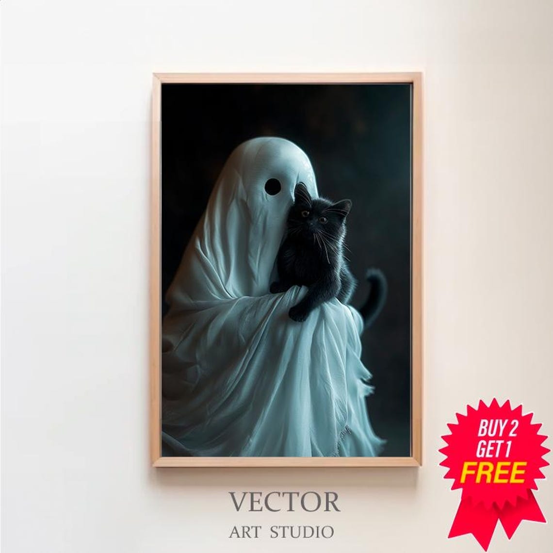 Sheet Ghost with Black Cat on Shoulder Dark Moody Halloween Poster