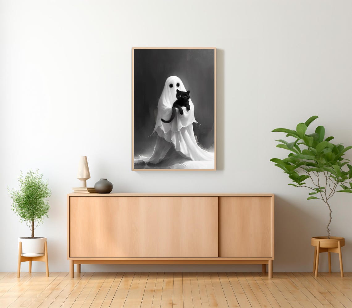 Ghost Hugging A Black Cat Black And White Spooky Cute Art Poster - Image 2