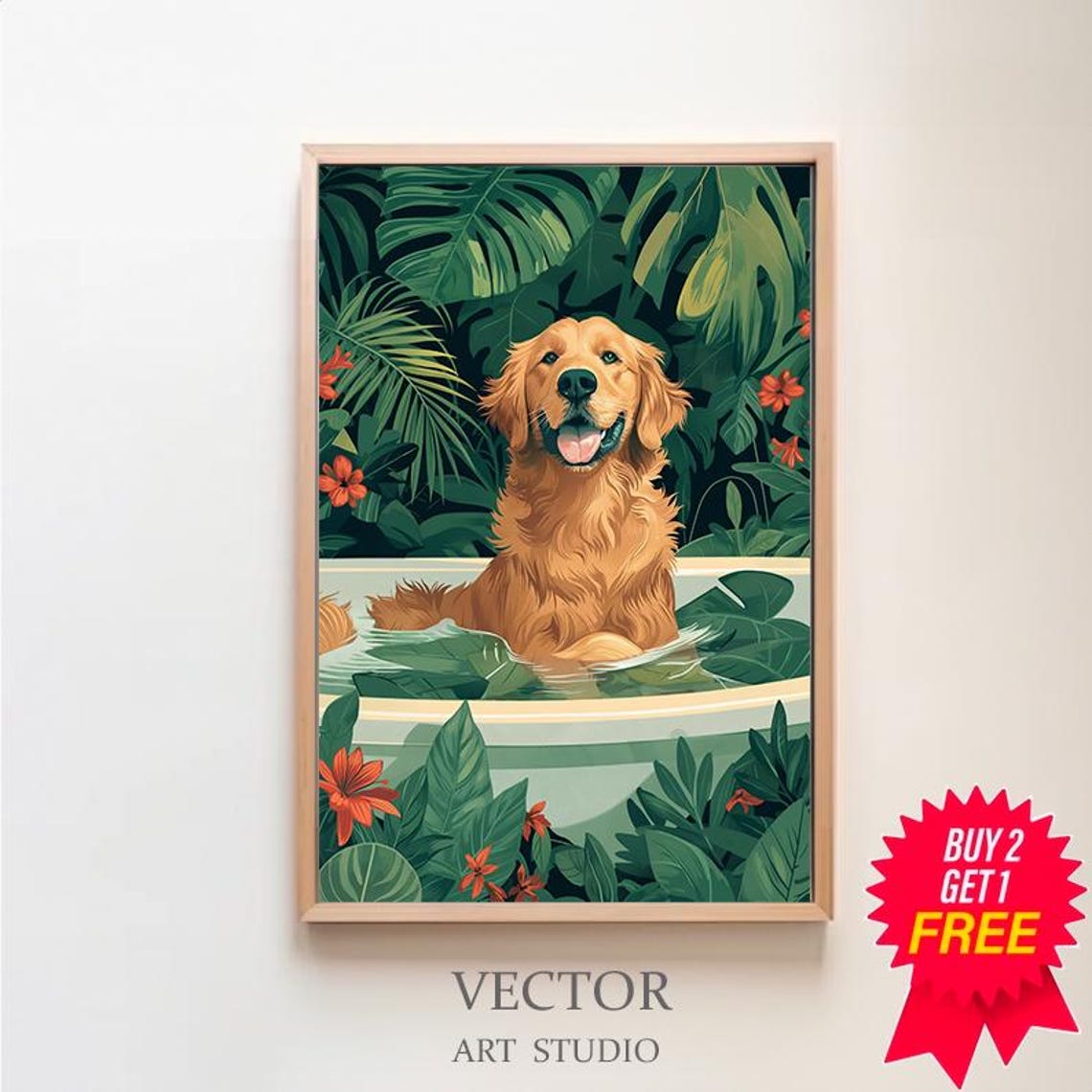 Happy Golden Retriever Bathing in Tub Tropical Leaves Poster
