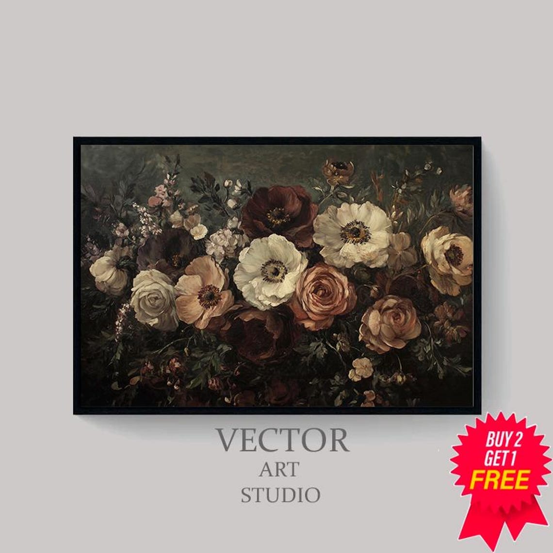Dark Vintage Anemone And Rose Bouquet Old Master Floral Poster - Image 4