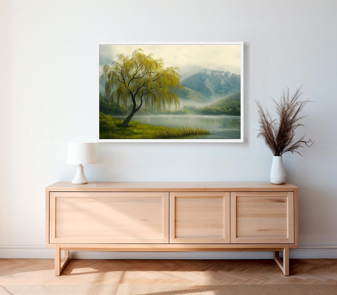 Weeping Willow Landscape Art Wall Decor Weeping Willow Tree Painting Tranquil Art Moody Rustic Landscape Art - Image 2