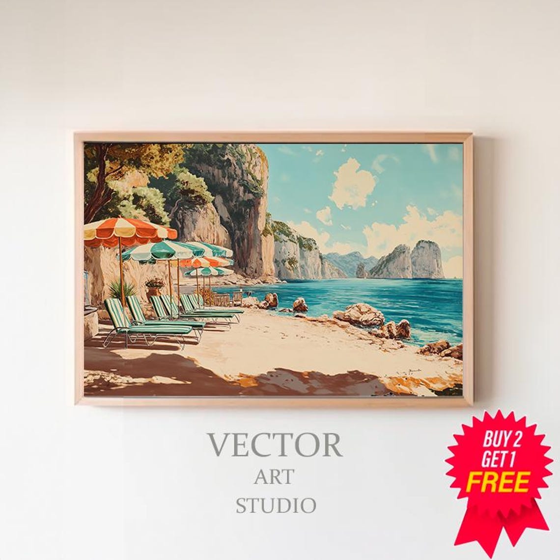 Sunny Capri Beach With Striped Umbrellas And Sea Stacks Poster