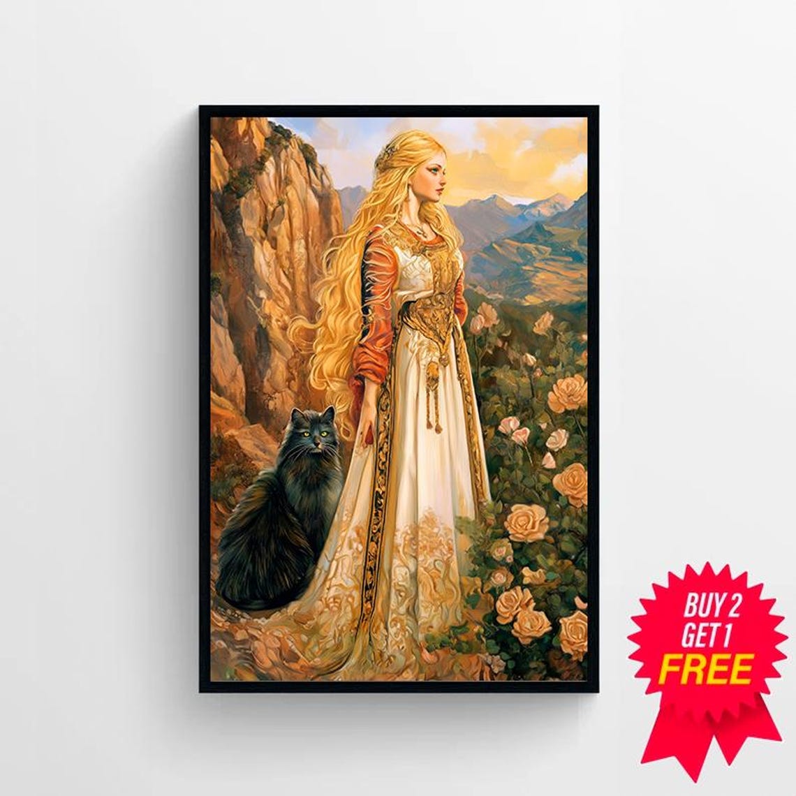 Freyja Norse Goddess With Black Cat Mountain Rose Art Poster - Image 4