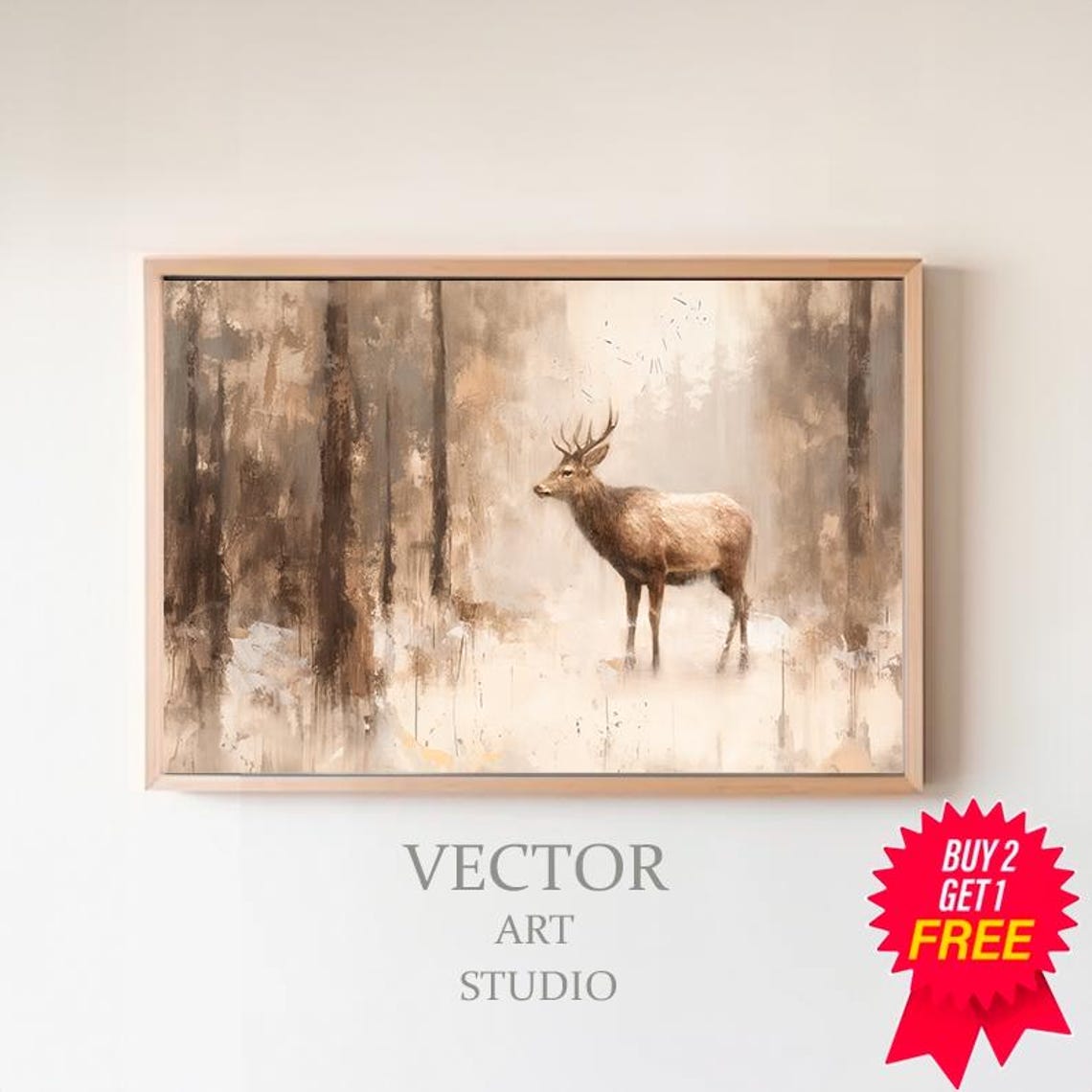 Standing Stag In Misty Beige Forest Vintage Style Deer Poster