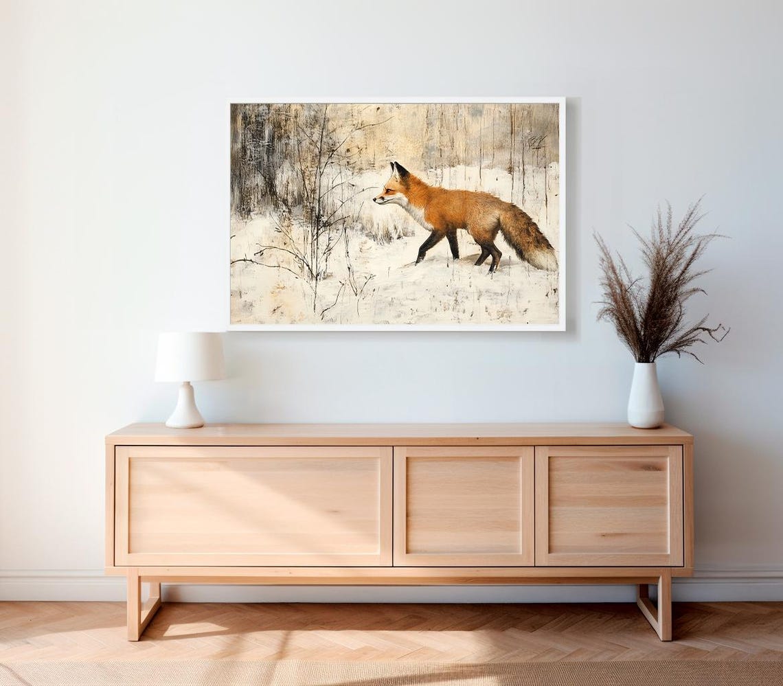 Red Fox Walking Through Falling Snow Vintage Winter Painting Poster - Image 2