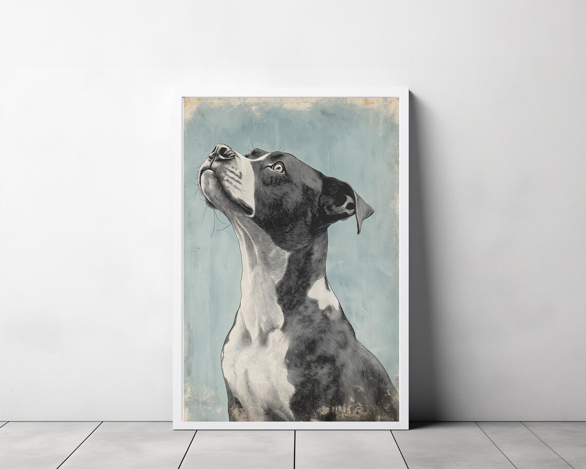 Black And White Dog Looking Up Vintage Ink Sketch Portrait Poster - Image 3