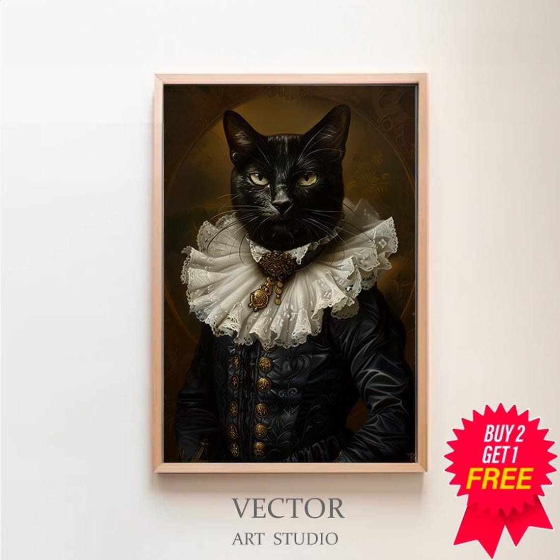 Majestic Black Cat Pendant Locket Renaissance Ruff Collar Poster