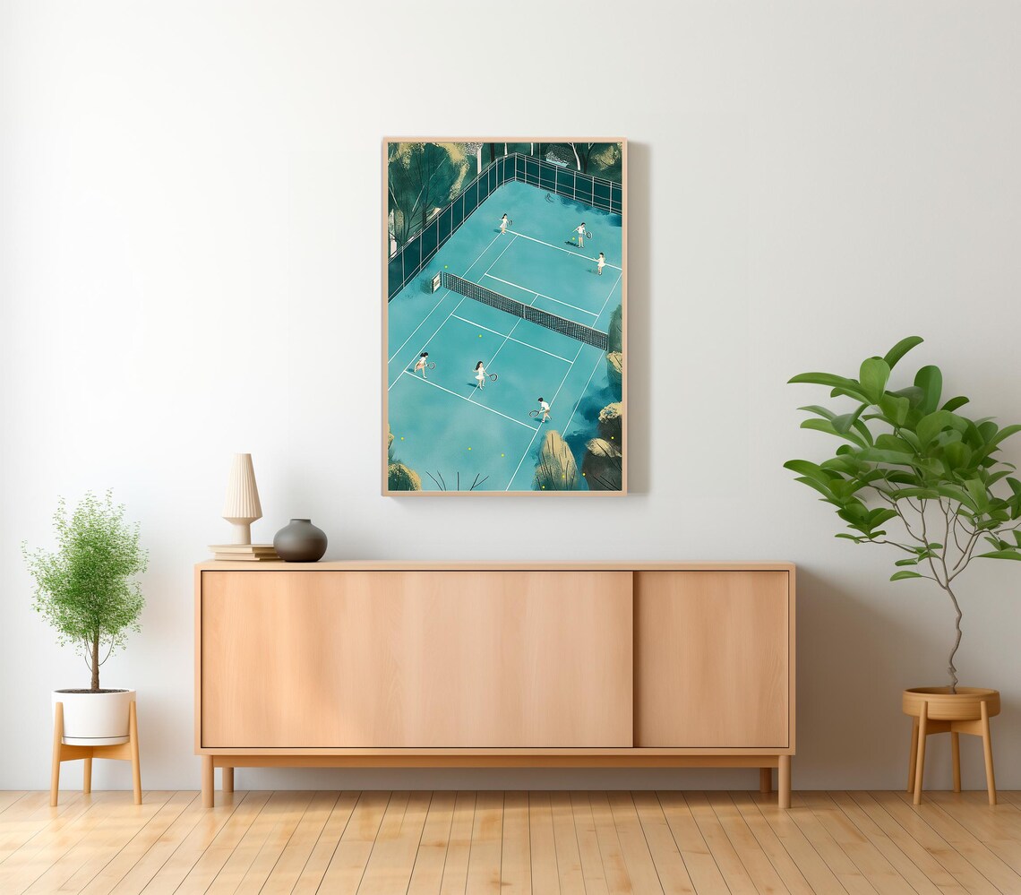 Aerial Teal Tennis Court Illustration with Players and Trees Poster - Image 2