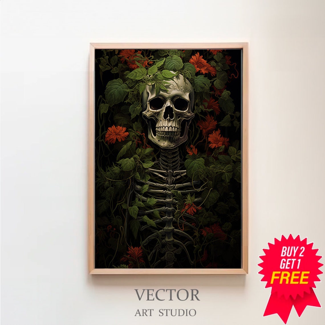 Skeleton Entwined with Vines and Red Flowers Dark Botanical Art Poster