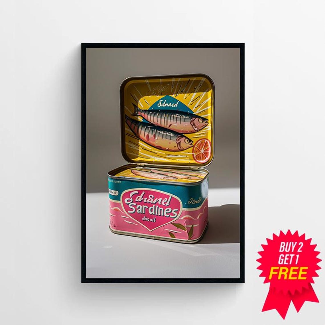 Open Sardine Tin with Retro Colorful Label Quirky Kitchen Art Poster - Image 4