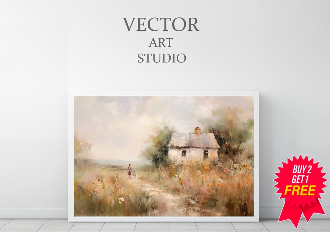 Country Cottage Path with Woman and Child in Wildflower Field Poster - Image 3