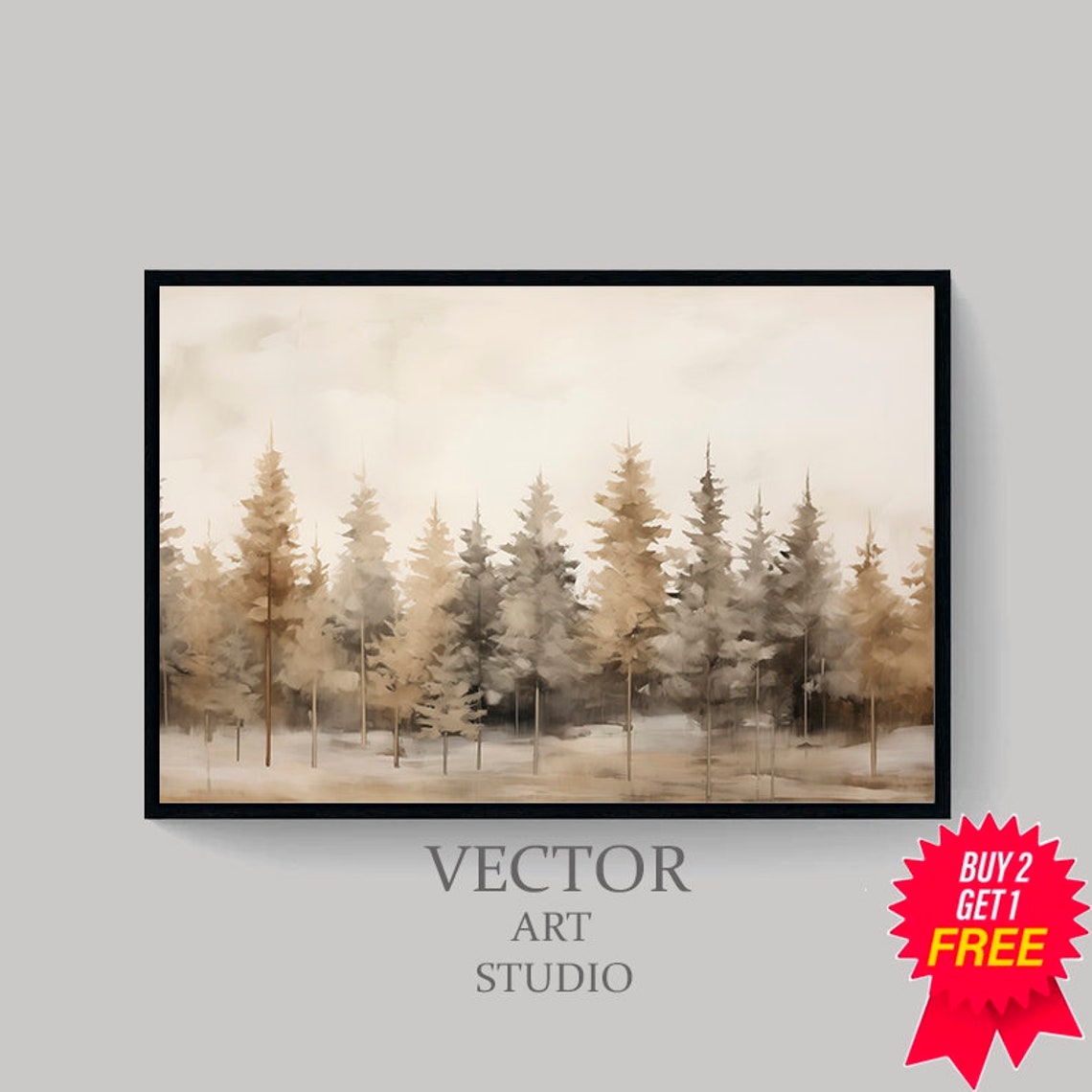 Misty Pine Forest in Soft Gray Beige Watercolor Landscape Poster - Image 4