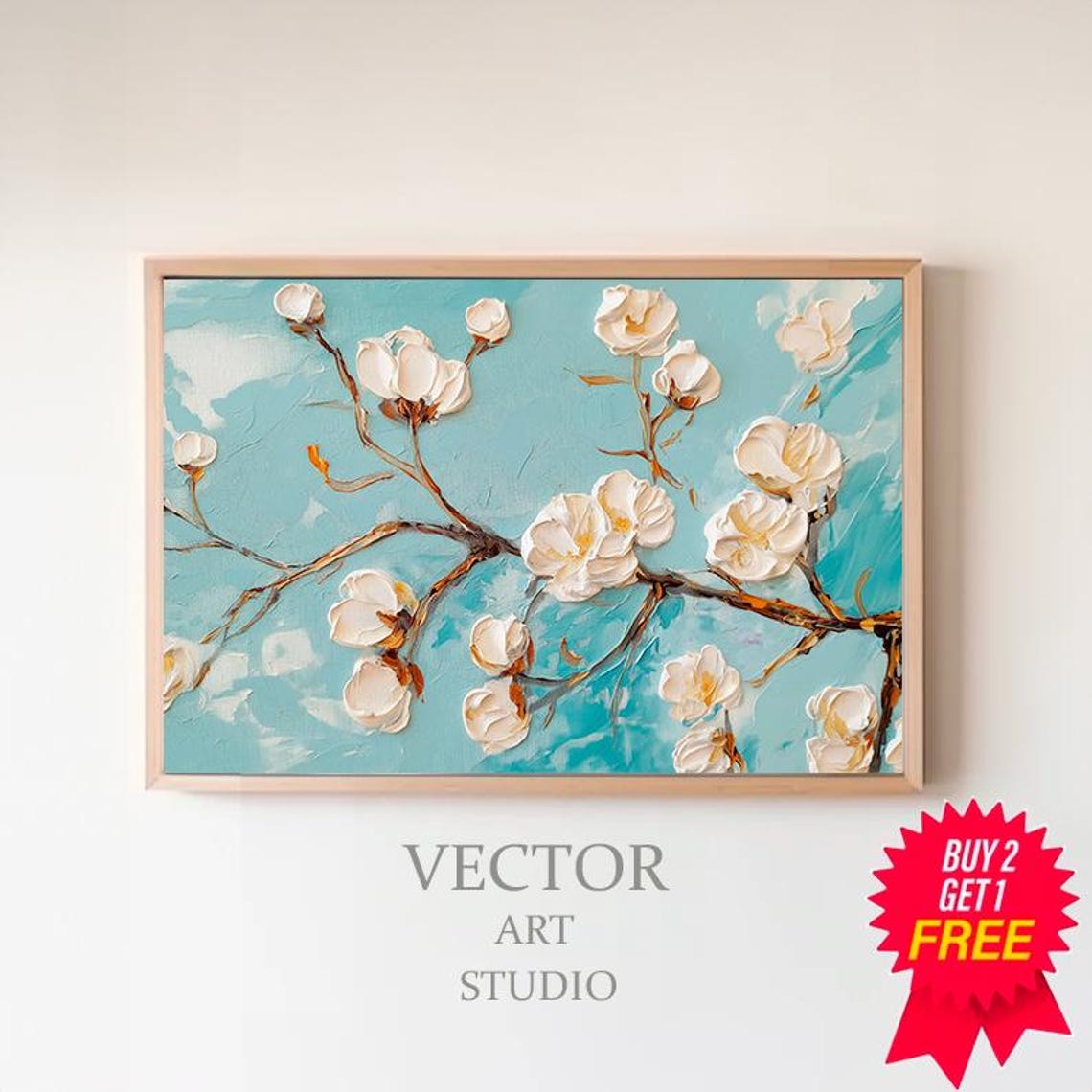 White Blossom Buds In Thick Texture Teal Floral Painting Wall Art