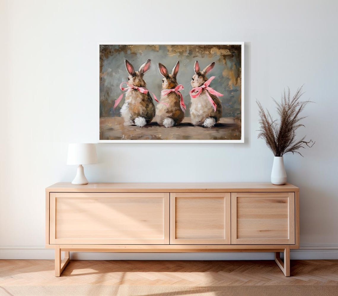 Three Bunnies With Pink Bows Cute Easter Bunny Rabbit Art Poster - Image 2
