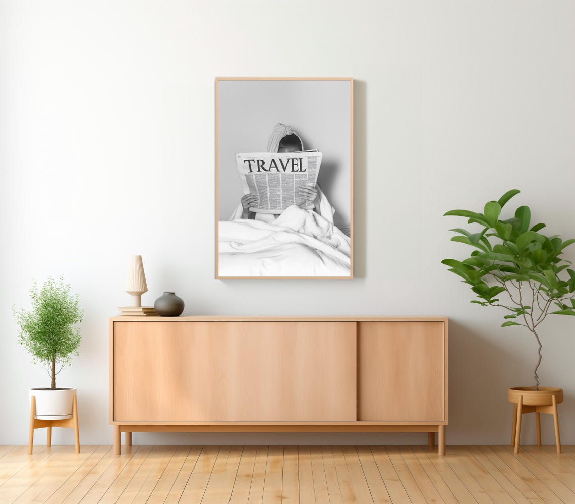 Woman Reading Travel Newspaper In Bed Minimalist Black White Poster - Image 2