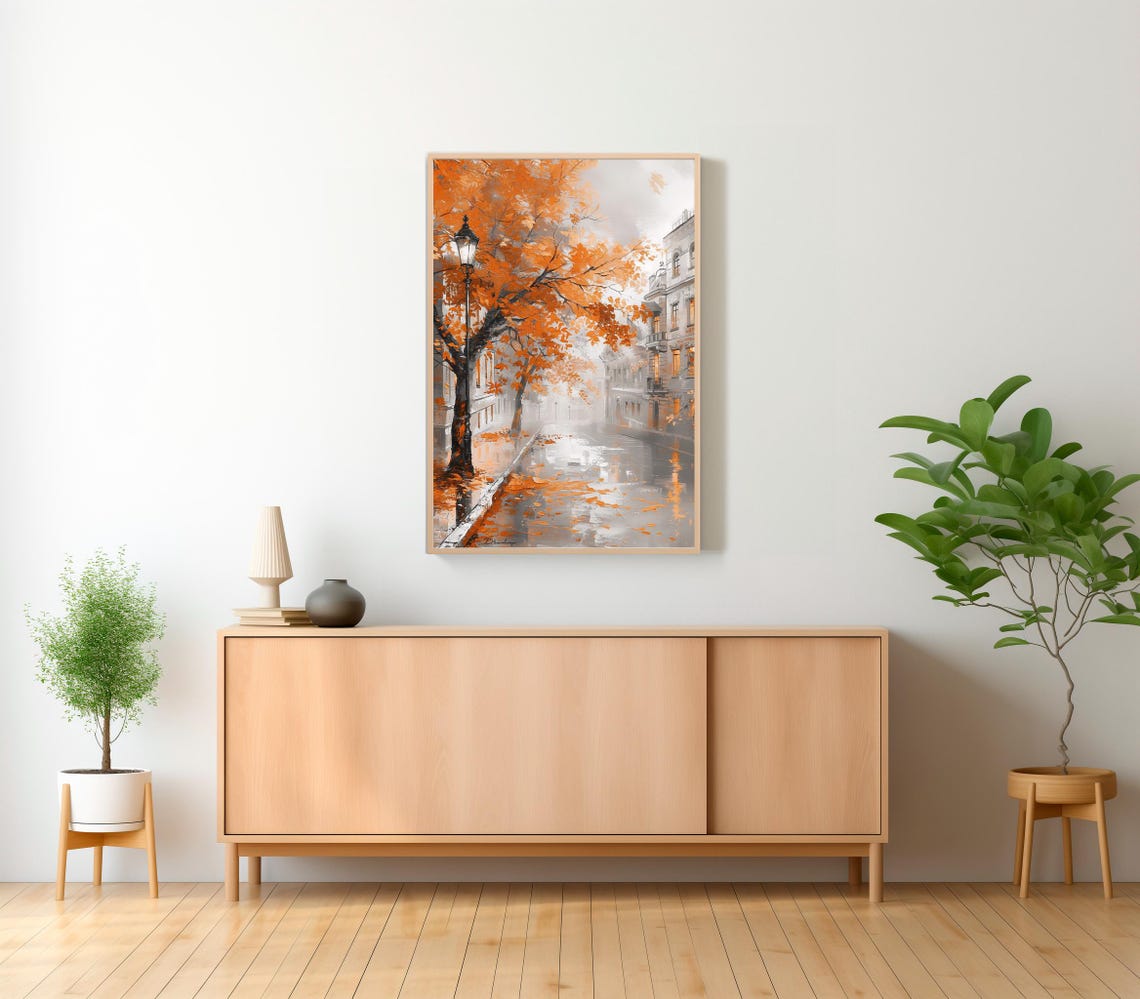 Autumn Street with a Vintage Lamp Post and Orange Trees Poster - Image 2