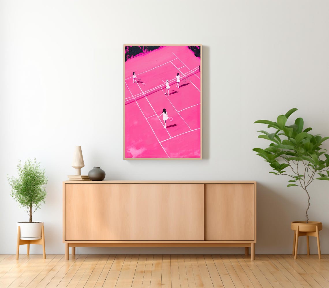 Bold Hot Pink Tennis Court Illustration with Four Small Players Poster - Image 2