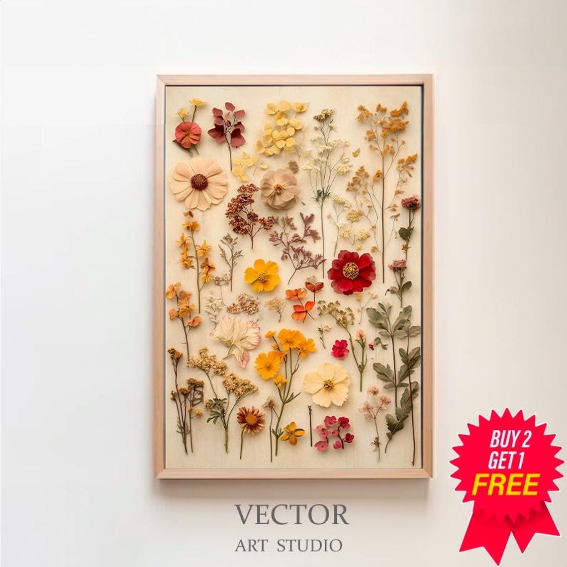 Pressed Wildflowers Arranged in Warm Autumn Tones Botanical Wall Art