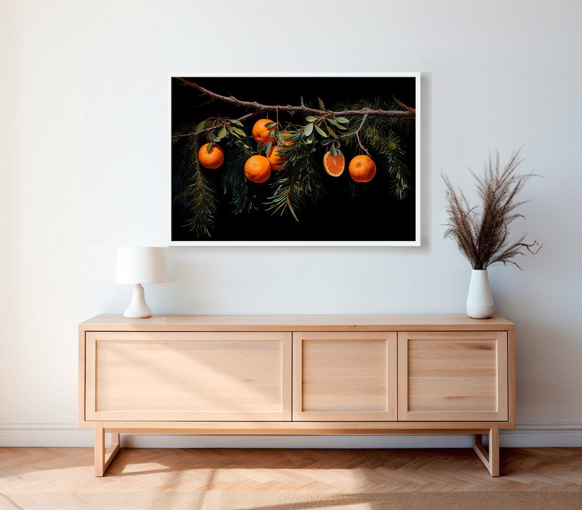 Whole Oranges on Bare Winter Branch with Pine Black Botanical Poster - Image 2