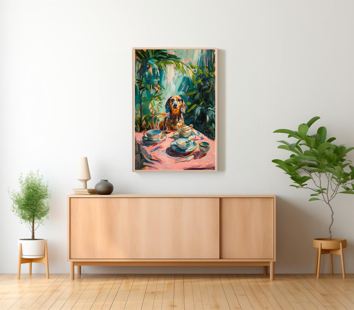 Dachshund At Tea Table In Lush Jungle Impressionist Art Poster - Image 2