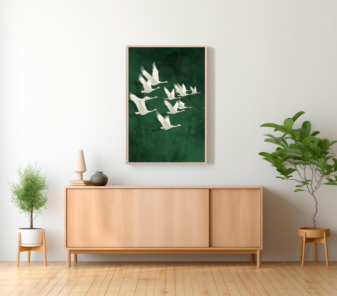 White Cranes in Flight on Emerald Green Japanese Style Art Print - Image 2