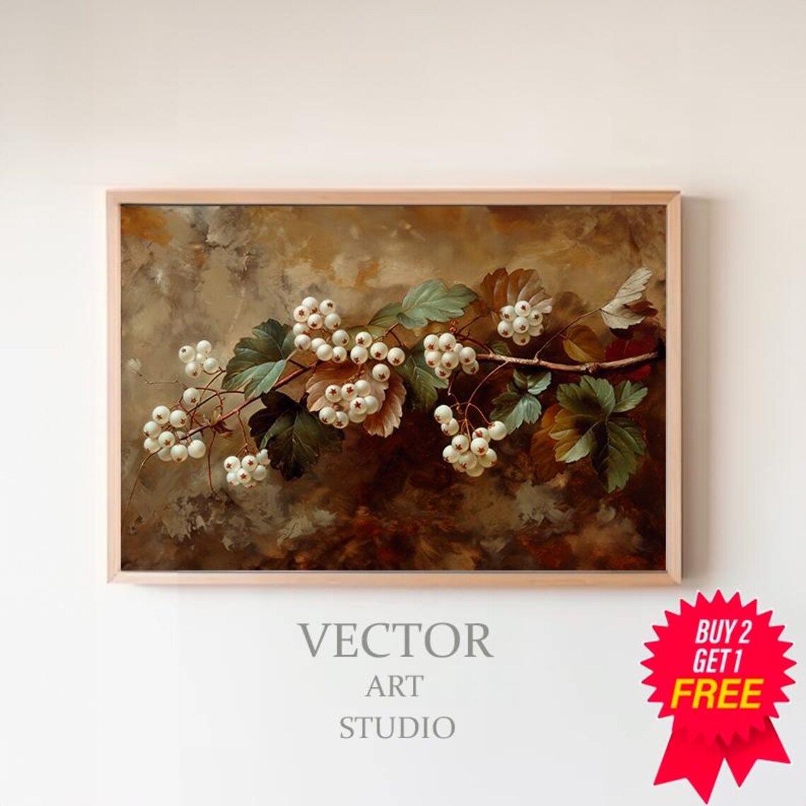 White Snowberry Branch Vintage Botanical Neutral Winter Art Poster