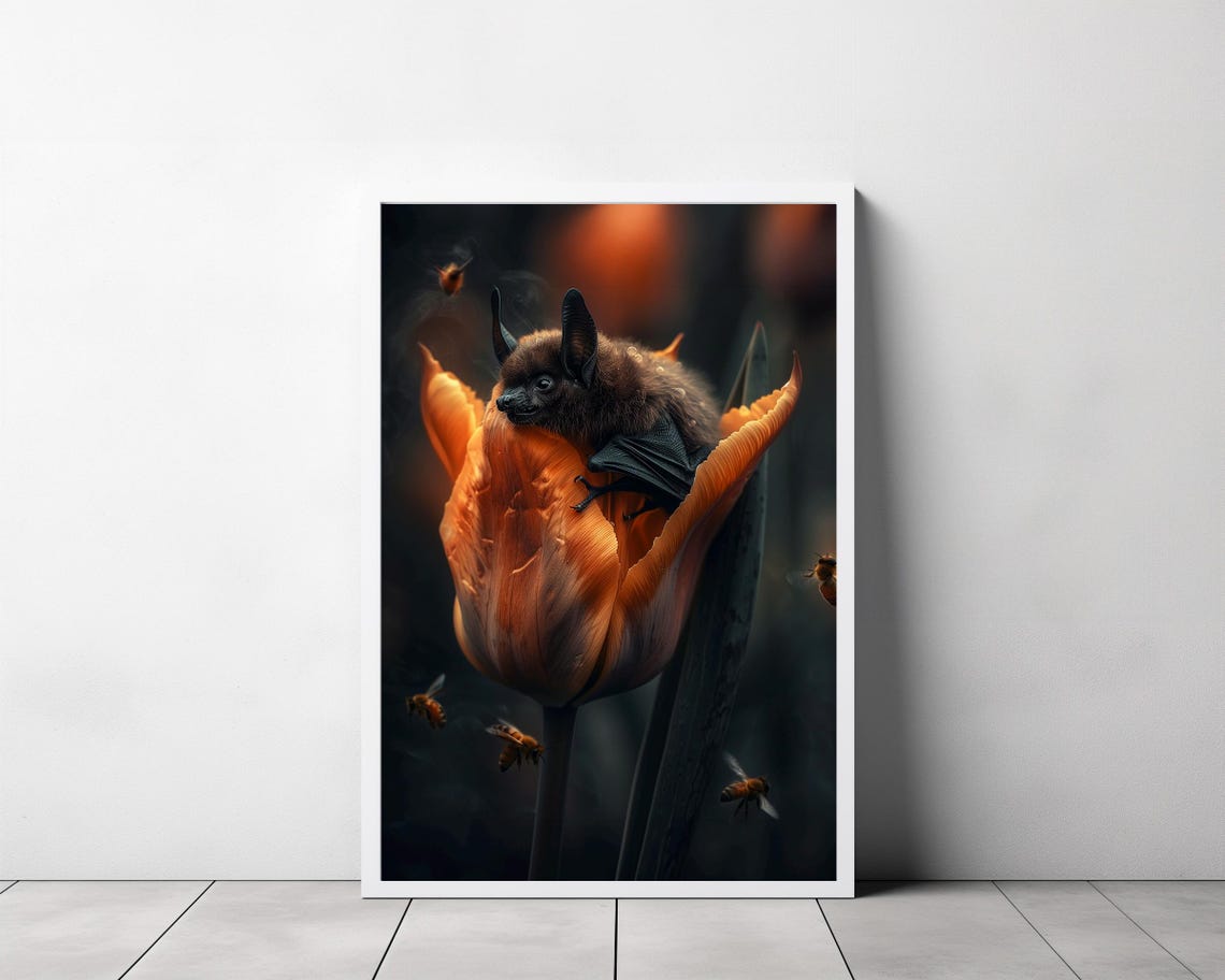 Whimsical Bat Nestled in a Fiery Orange Tulip Fantasy Night Poster - Image 3