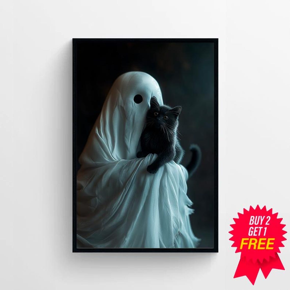 Sheet Ghost with Black Cat on Shoulder Dark Moody Halloween Poster - Image 4