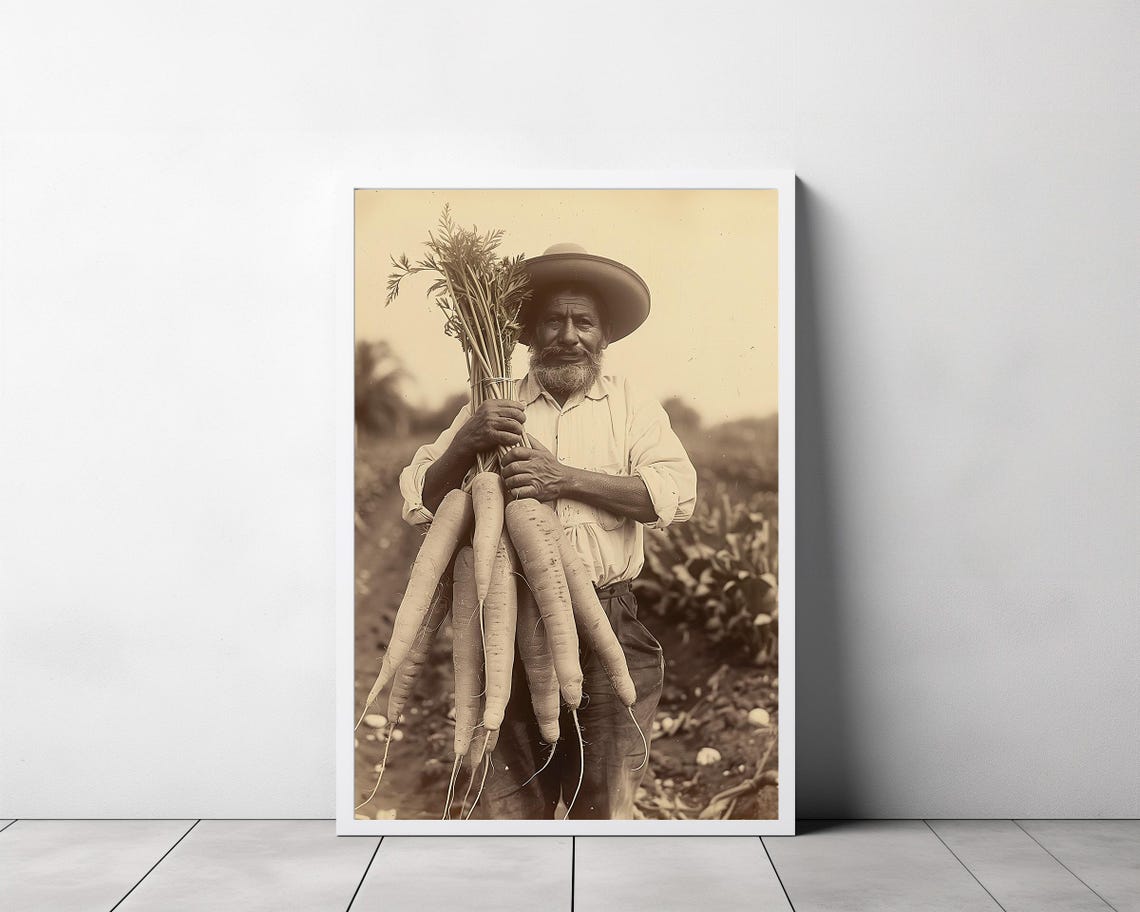 Vintage Sepia Mexican Farmer Holding Giant Harvest Art Poster - Image 3