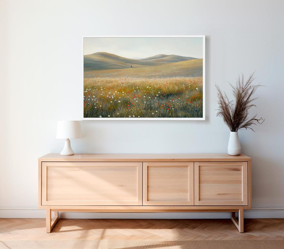Misty Wildflower Meadow with Soft Rolling Hills Minimalist Poster - Image 2