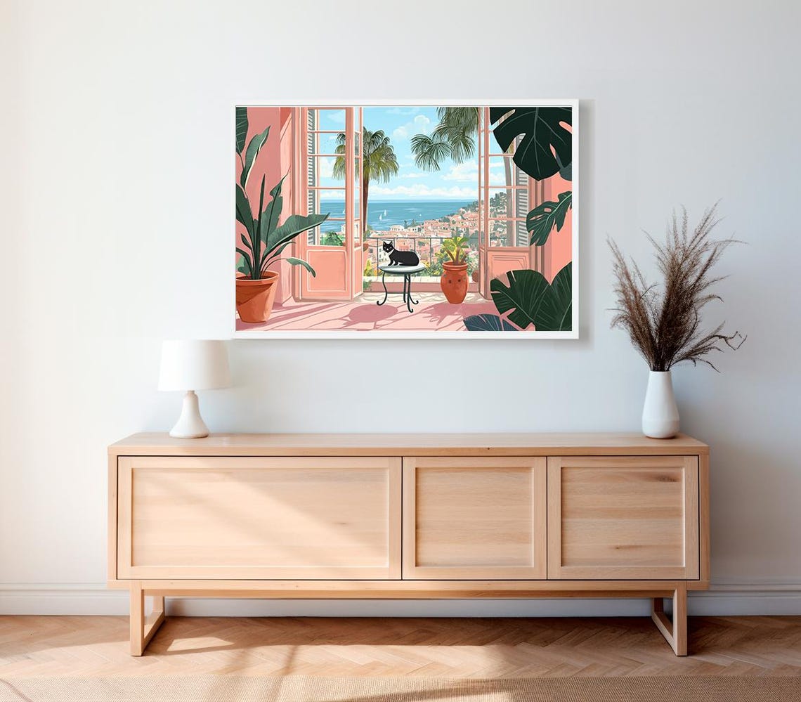 Sunny Coastal Terrace with Black Cat Tropical Interior Art Print - Image 2