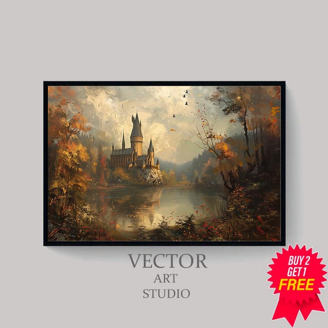 Golden Autumn Haze Over Wizard Castle Lake Fantasy Art Print - Image 4