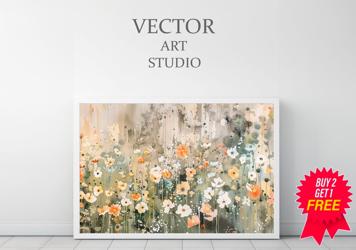 Dreamy Soft Orange and White Wildflowers Watercolor Floral Poster - Image 3