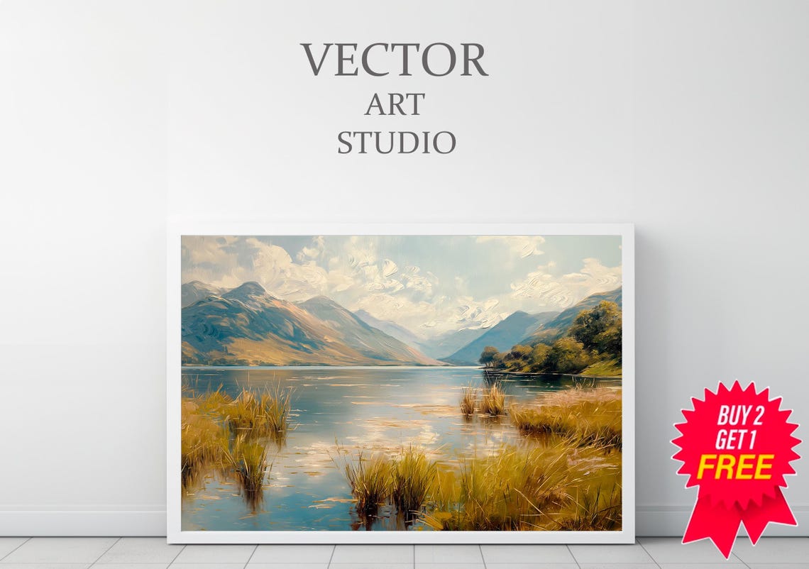Still Mountain Lake with Golden Reeds in Dreamy Landscape Poster - Image 3