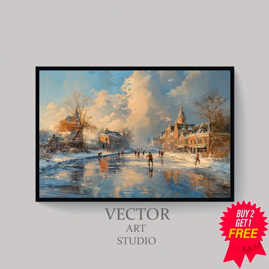 Dutch Canal Ice Skaters Winter Village Town Street Scene Poster - Image 4