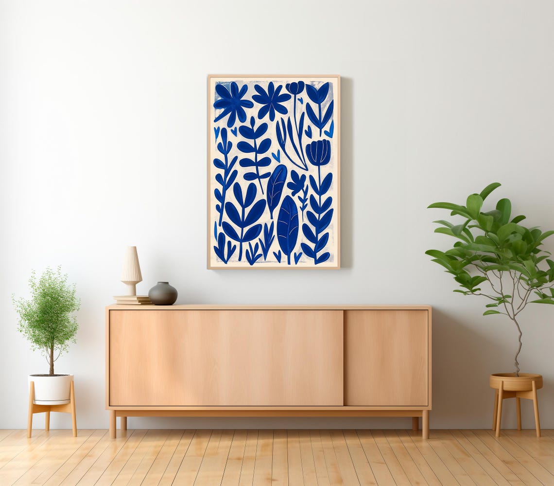 Bold Modern Matisse Style Blue Botanical Folk Flowers Wall Art - Image 2