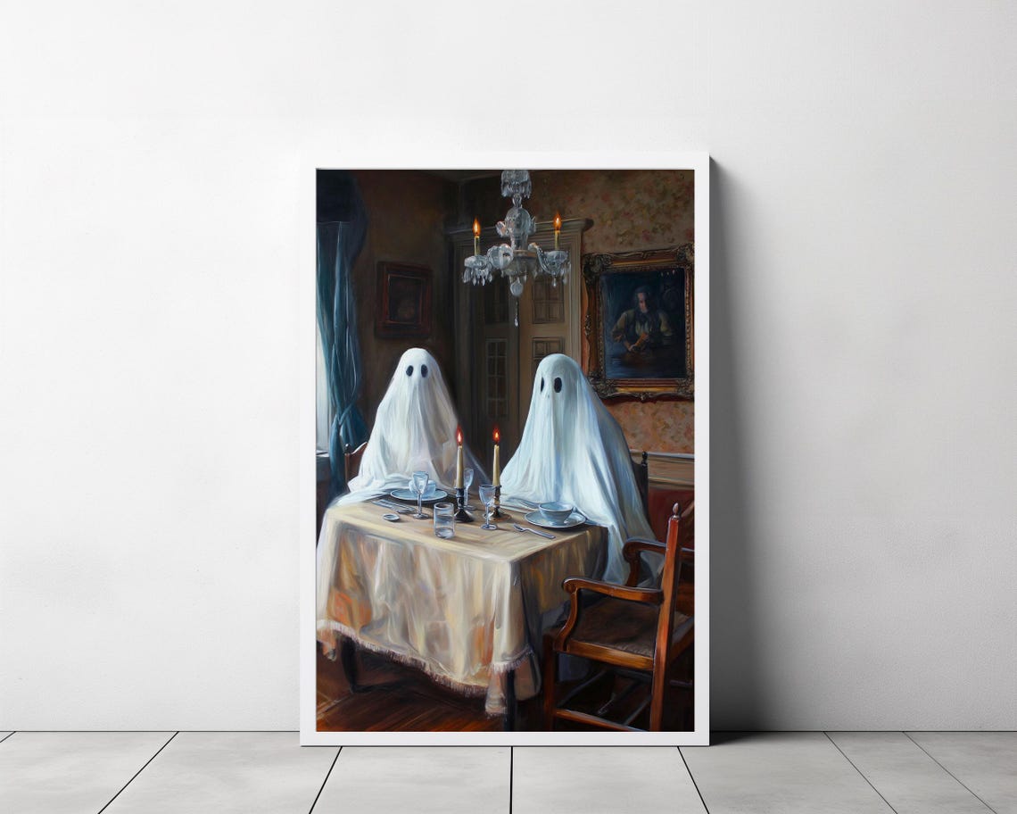 Two Sheet Ghosts Sharing a Candlelit Dinner Vintage Halloween Poster - Image 3