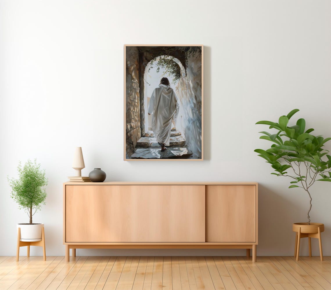 Jesus Walking Up Stone Steps Through Archway Into Tomb Light Poster - Image 2