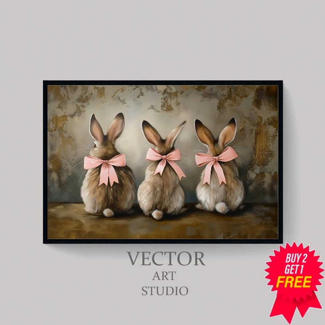 Three Cute Bunnies With Pink Bows Vintage Easter Bunny Art Poster - Image 4